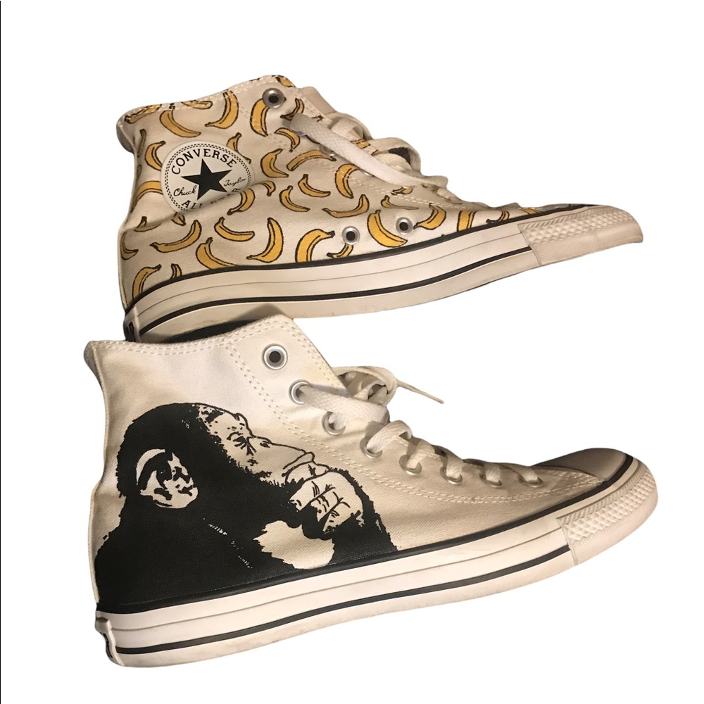 Banksy Thinker Monkey Bananas Design Converse Mens 8 Women 10 Canvas High Hi Top